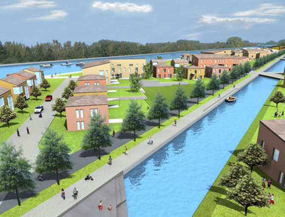 Architekturvisualisierung der geplanten Wasserstadt Aden: Eine Wasserstraße im Vordergrund mit angrenzenden Wohngrundstücken, Häusern und Grünflächen im Hintergrund.