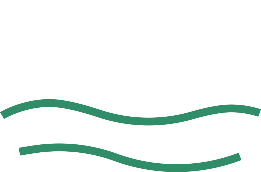 Zwei stilisierte grüne Wellen, die ein weißes Blatt umschließen.